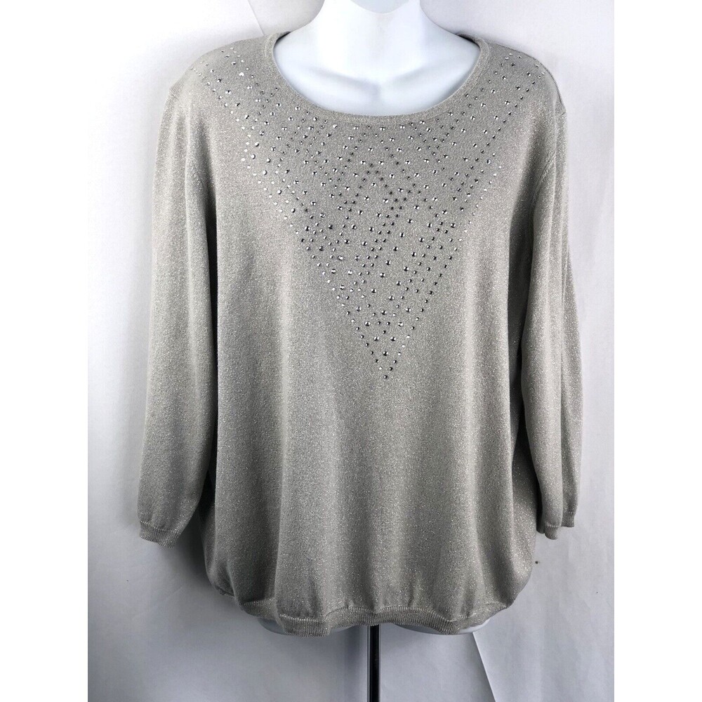 Alfred Dunner sweater XL gray Silver Stud glitter bead it long sleeve Metal